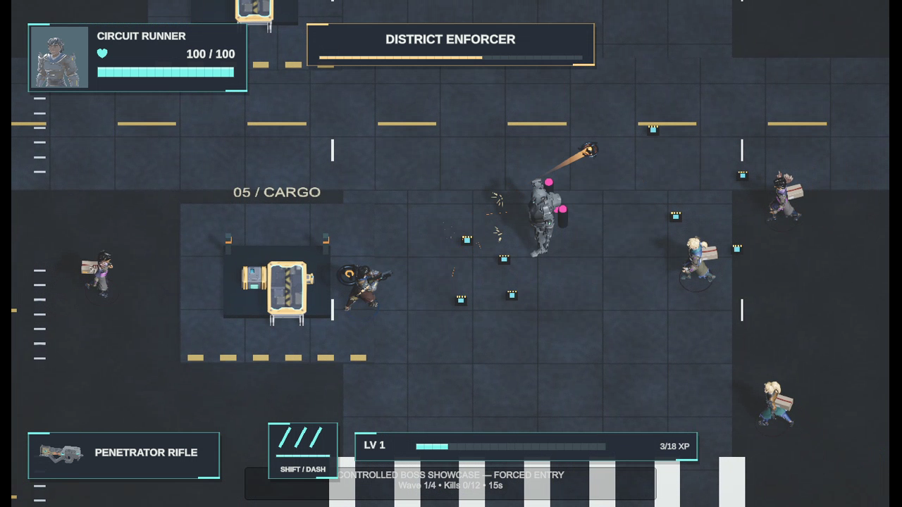 The courier fights the District Enforcer boss in a city intersection